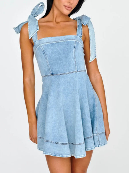 Square Neck Tie Shoulder Denim Dress