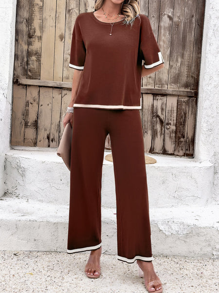 Contrast Trim Round Neck Top and Pants Set