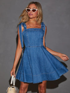 Square Neck Tie Shoulder Denim Dress