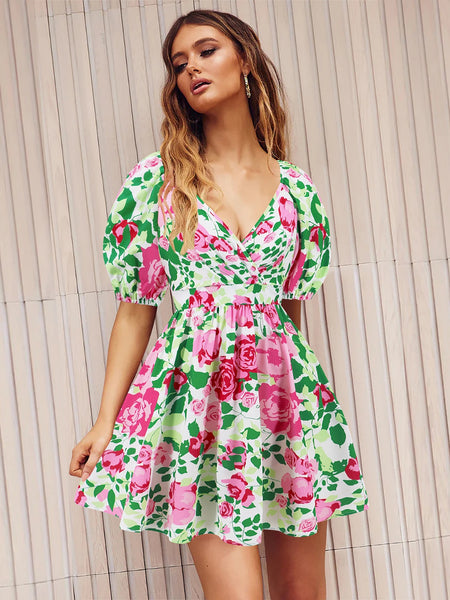 Printed Surplice Short Sleeve Dress