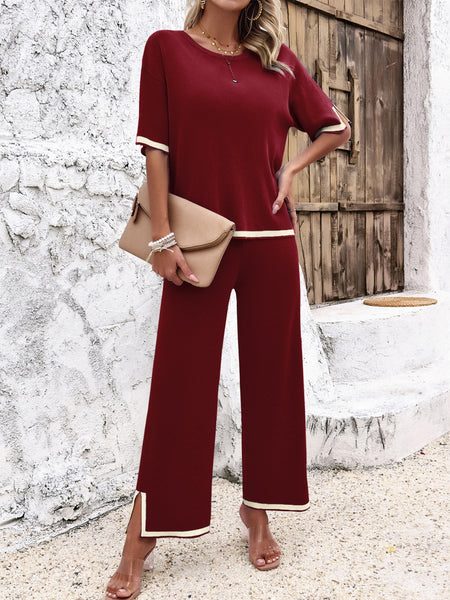 Contrast Trim Round Neck Top and Pants Set