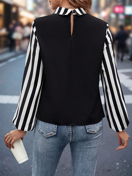 Striped Collared Neck Long Sleeve Blouse