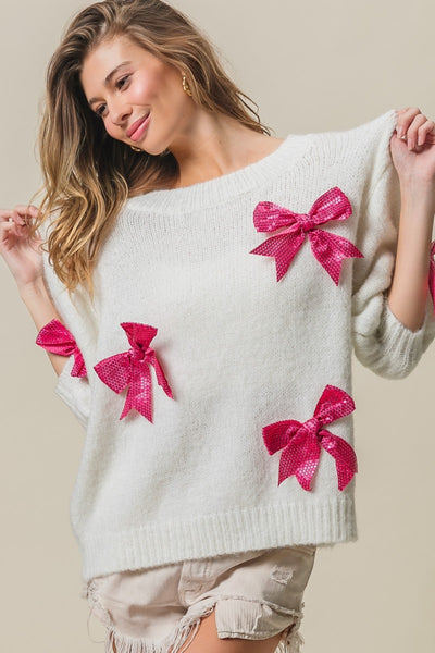 BiBi Sequin Bow Puff Sleeve Sweater