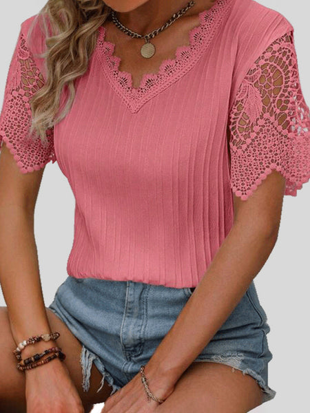 Lace Detail V-Neck Short Sleeve Blouse