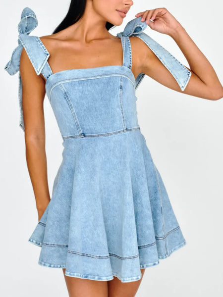 Square Neck Tie Shoulder Denim Dress