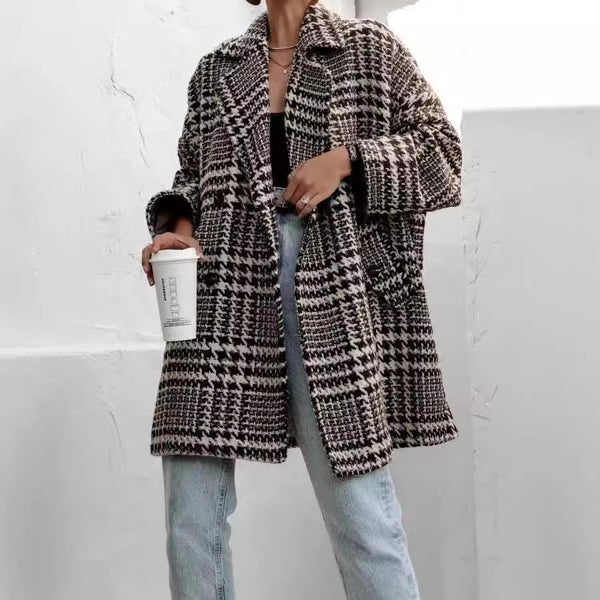 Houndstooth Collared Neck Long Sleeve Coat