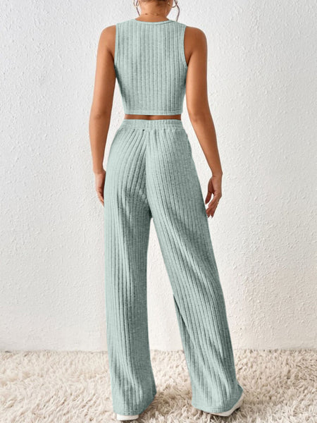 Ribbed Round Neck Tank and Pants Sweater Set