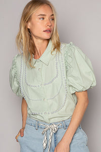 POL Pearl Detail Button Up Puff Sleeve Shirt