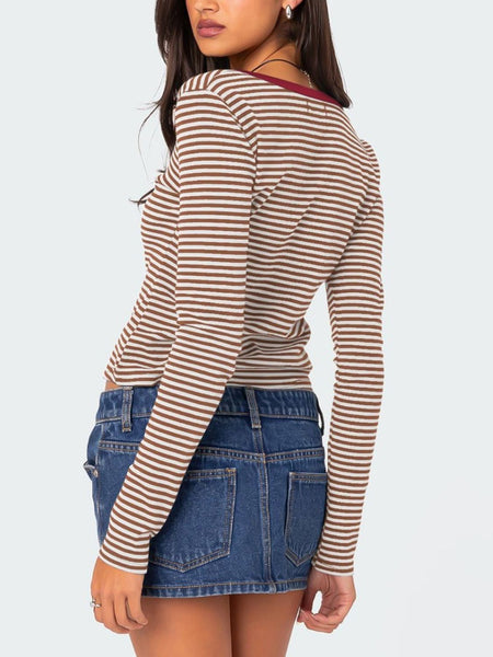 Buttoned Striped Long Sleeve T-Shirt