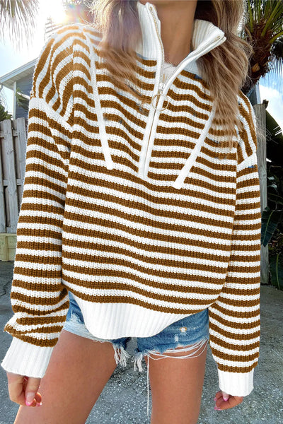 Striped Half Zip Long Sleeve Sweater