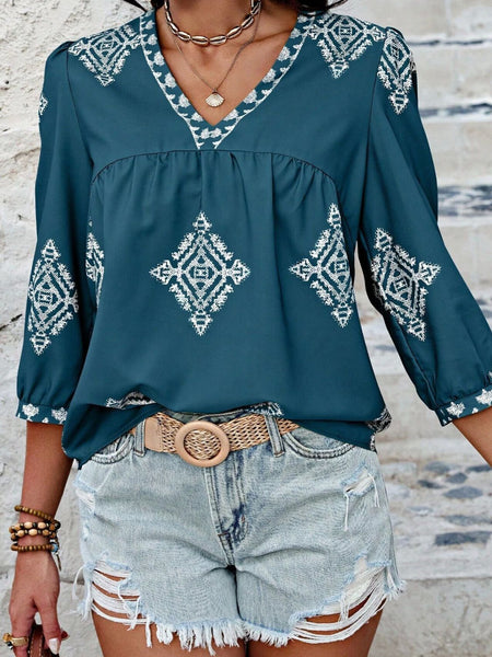 Printed V-Neck Three-Quarter Sleeve Blouse