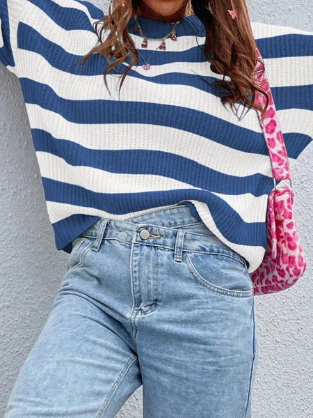 Honey Striped Round Neck Long Sleeve Sweater