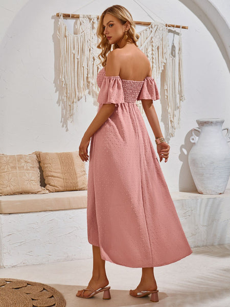 High-Low Smocked Short Sleeve Midi Dress