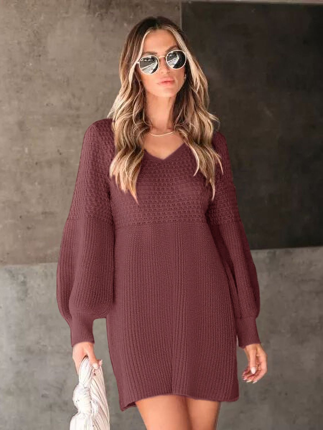 Perfee V-Neck Long Sleeve Sweater Dress