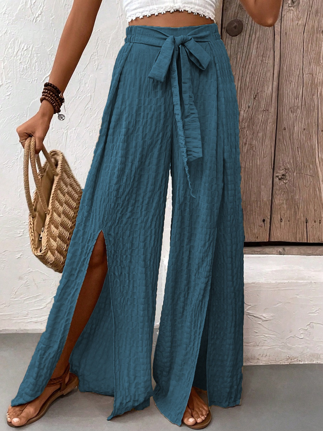 Tied Slit Wide Leg Pants