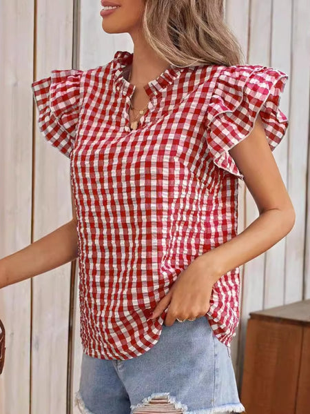 Ruffled Plaid Notched Cap Sleeve Blouse