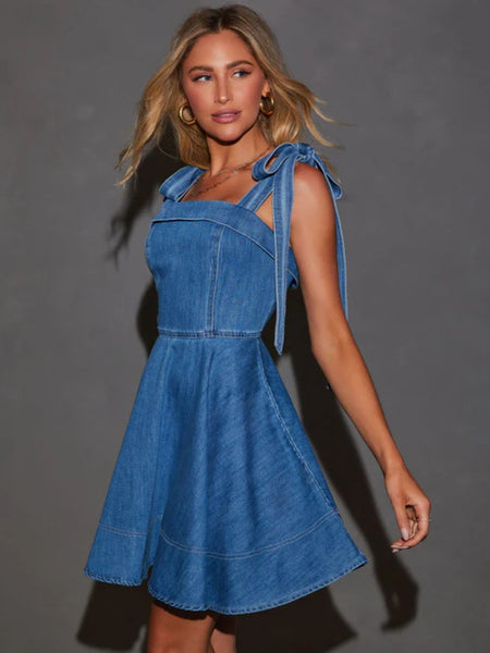 Square Neck Tie Shoulder Denim Dress