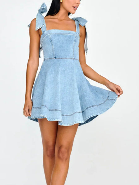 Square Neck Tie Shoulder Denim Dress