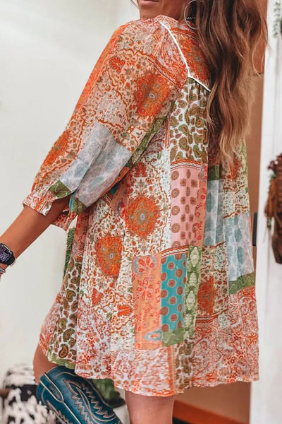 Tassel Printed Three-Quarter Sleeve Mini Dress