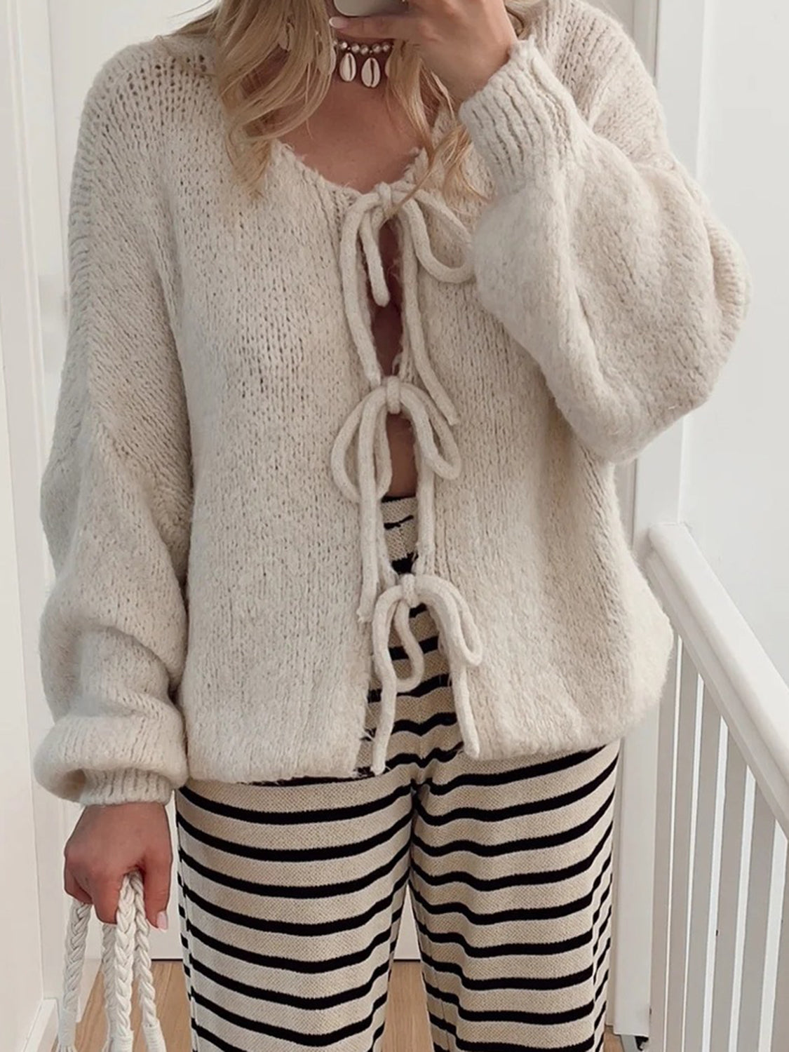 Tied Long Sleeve Dropped Shoulder Cardigan