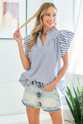 First Love Full Size Striped Flutter Sleeve Blouse