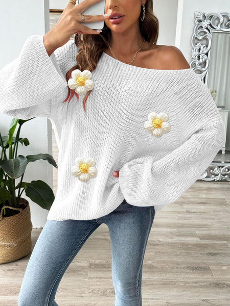 Flower Round Neck Long Sleeve Sweater