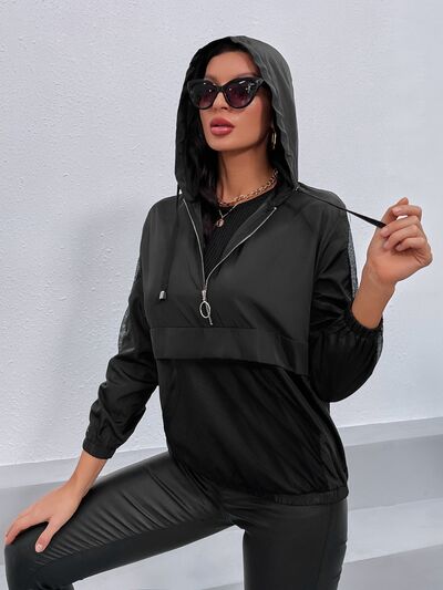 Drawstring Half Zip Long Sleeve Hoodie