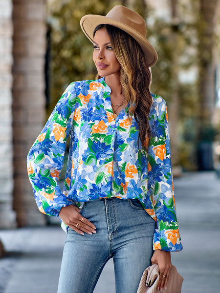 Notched Neck Printed Long Sleeve Shirt