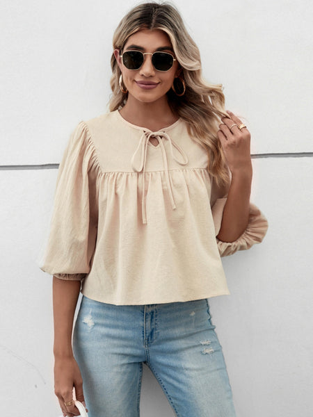 Tie Neck Balloon Sleeve Blouse