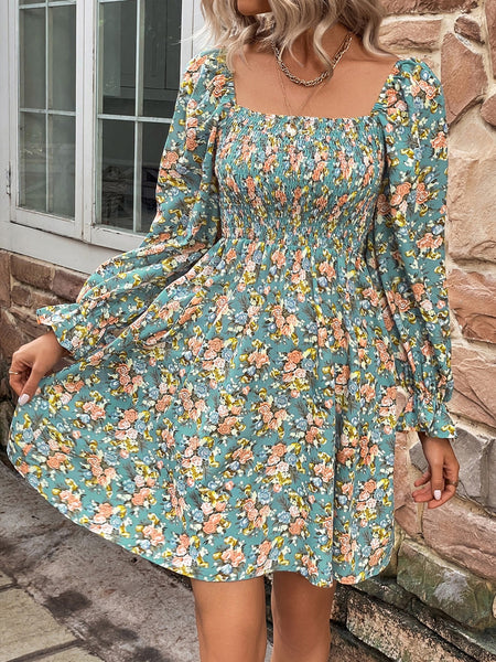 Floral Smocked Flounce Sleeve Square Neck Dress