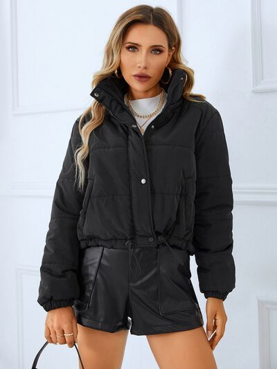 Snap and Zip Closure Drawstring Cropped Winter Coat