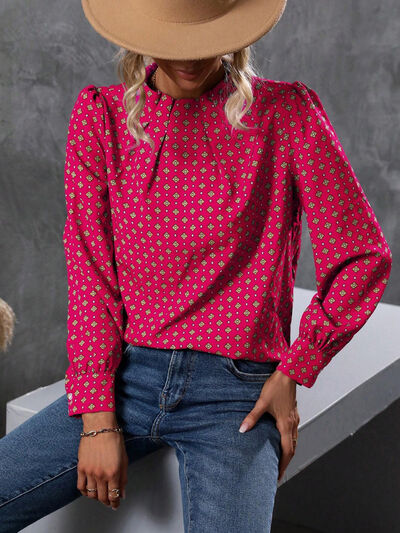 Geometric Mock Neck Long Sleeve Blouse