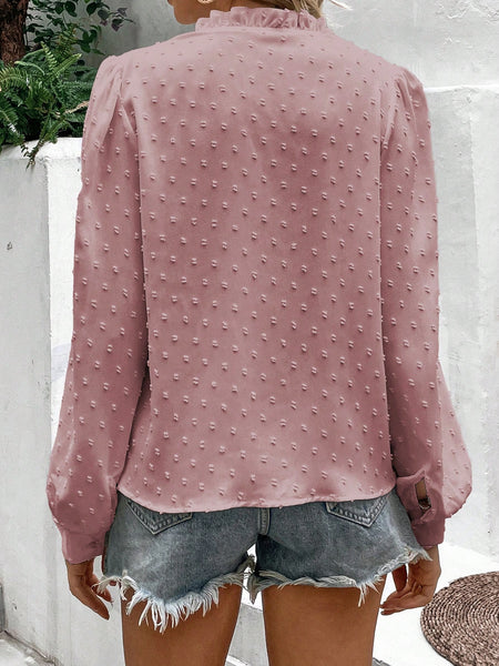 Swiss Dot Lace Trim Long Sleeve Shirt