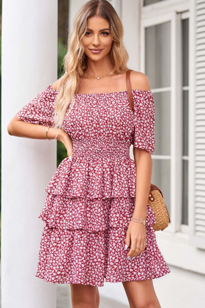 Floral Smocked Short Sleeve Layered Dress