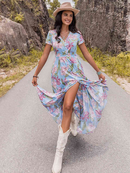 Floral V-Neck Slit Dress