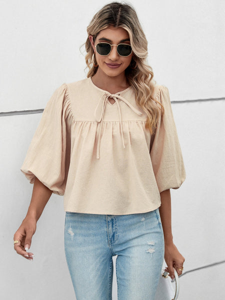 Tie Neck Balloon Sleeve Blouse