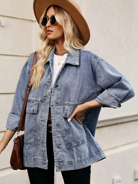 Drawstring Button Down Hooded Denim Jacket