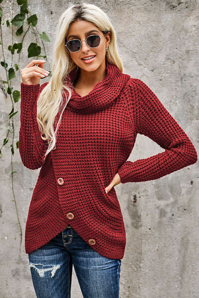 Decorative Button Mock Neck Sweater