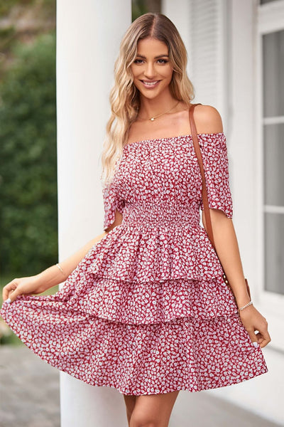 Floral Smocked Short Sleeve Layered Dress