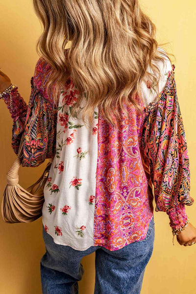 Multicolor Floral Notched Neck Lantern Sleeve Blouse