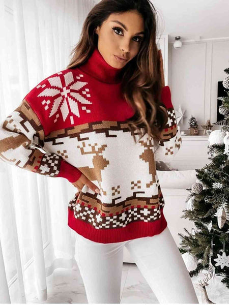 Reindeer Turtleneck Drop Shoulder Sweater