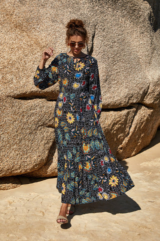 Printed Tie Neck Long Sleeve Dress