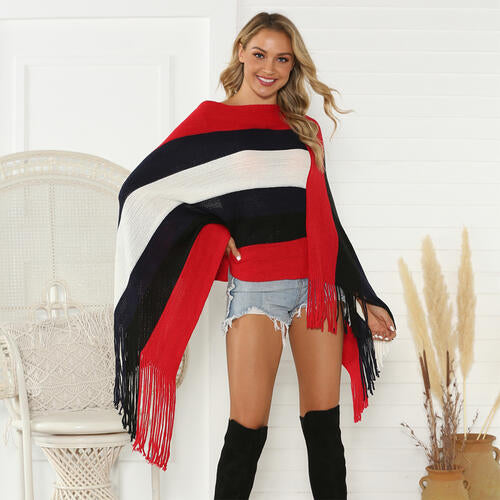 Striped Fringe Trim Poncho