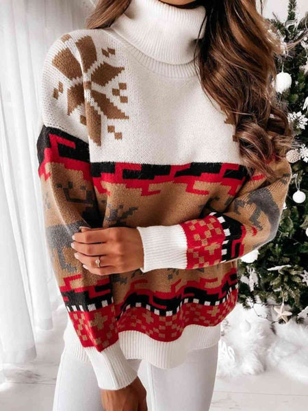 Reindeer Turtleneck Drop Shoulder Sweater