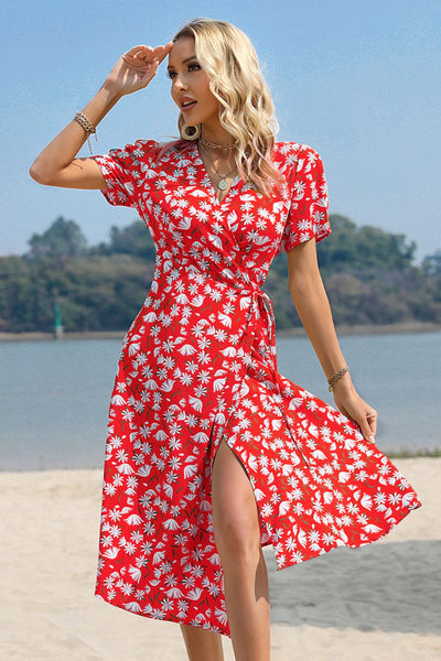 Floral Surplice Neck Short Sleeve Dress