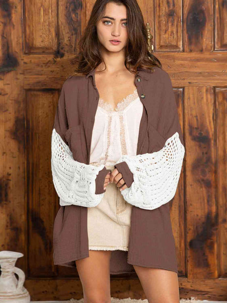 Openwork Collared Neck Button Front Shirt