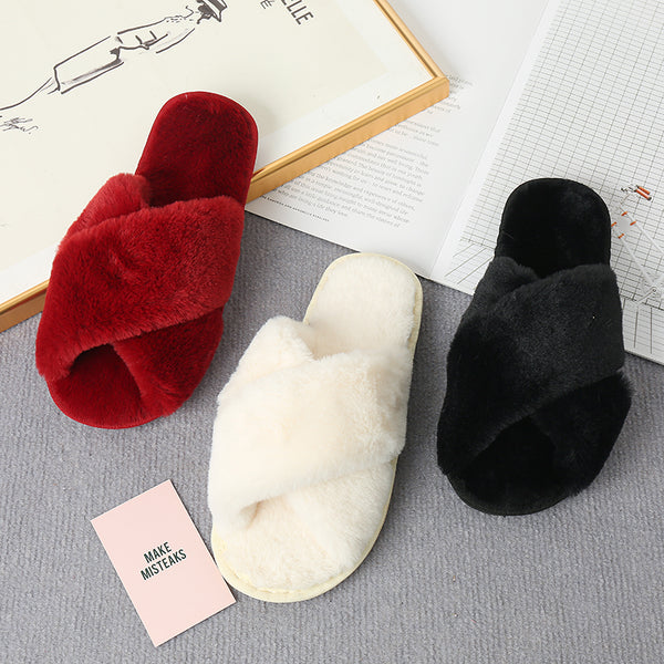 Faux Fur Crisscross Strap Slippers