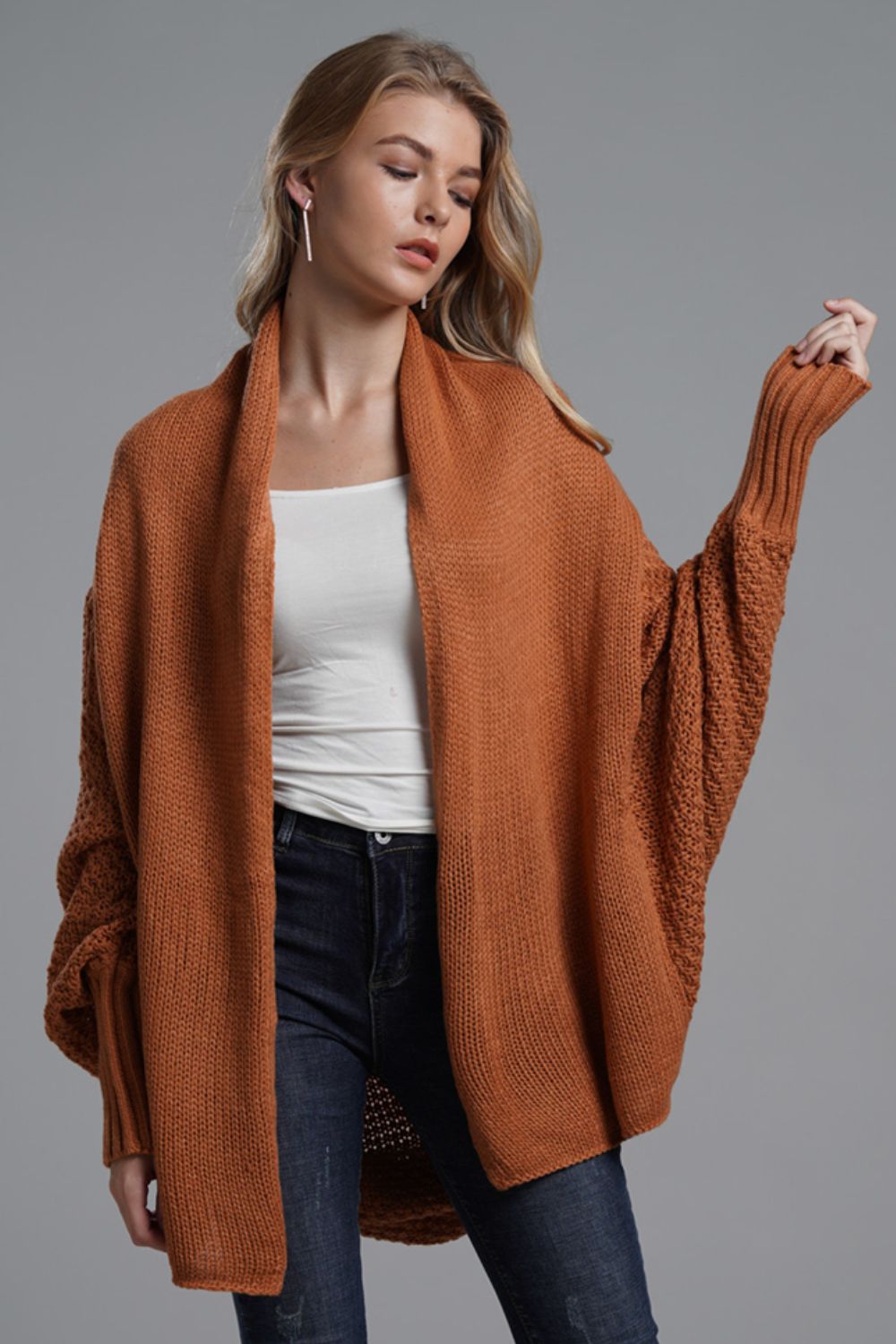 Dolman Sleeve Open Front Ribbed Trim Longline Cardigan