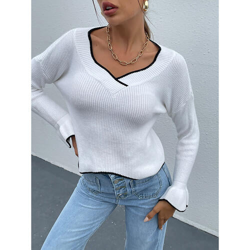 Flounce Sleeve V-Neck Sweater