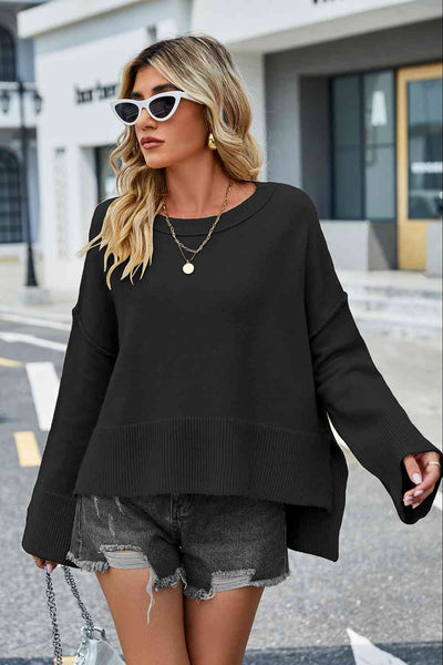 Round Neck Dropped Shoulder Slit Sweater